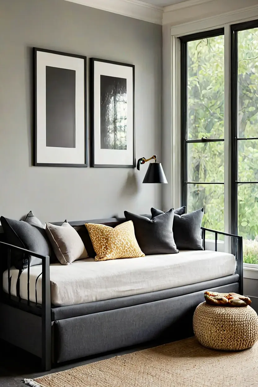 Upholstered Daybed Frame Charcoal grey upholstered daybed showcasing multi-functional sunroom furniture ideas.
