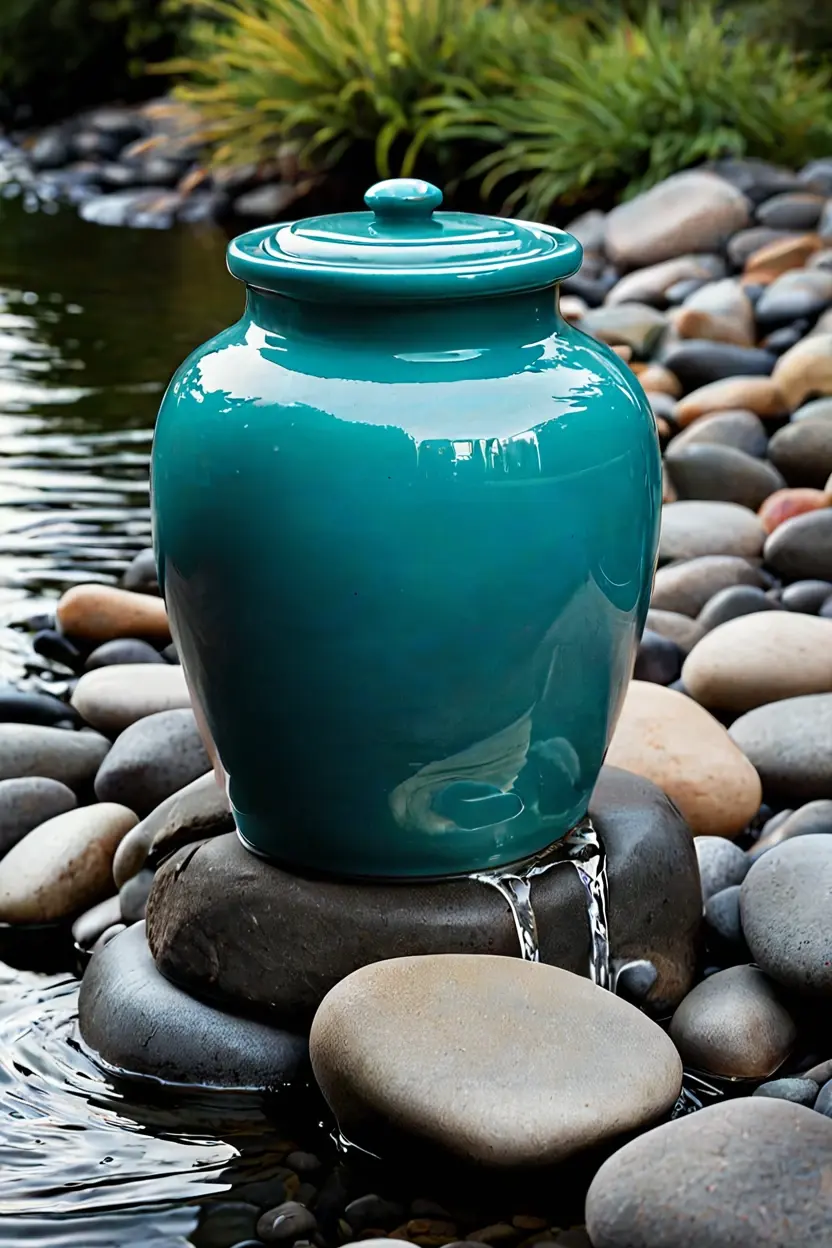 Distressed Ceramic Water Feature Distressed ceramic water feature added to peaceful terrace makeover ideas for relaxing sounds