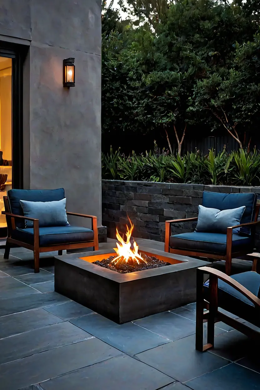 Exposed Concrete Fire Pit Exposed concrete fire pit highlighting warm terrace makeover ideas for evening entertaining.