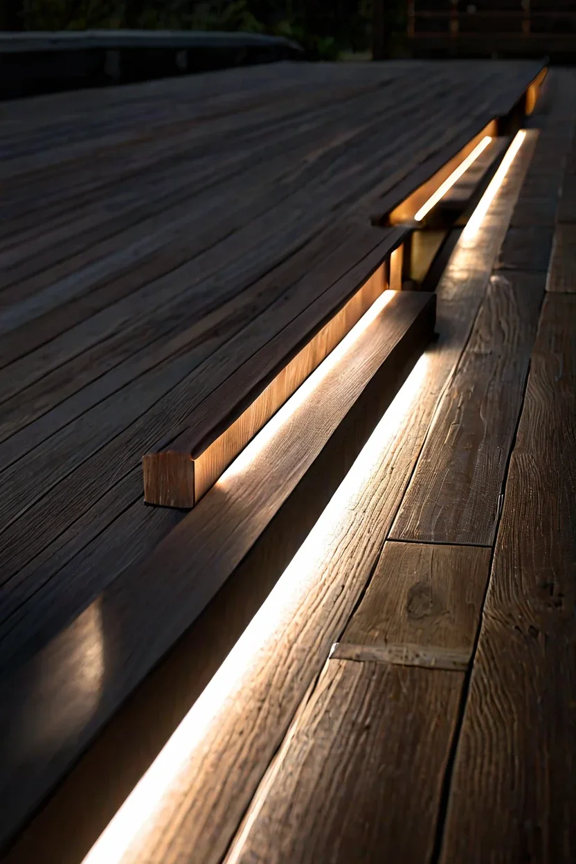 Recessed Deck LED Strip Lights Recessed deck LED strip lights shown in contemporary terrace makeover ideas for night ambiance