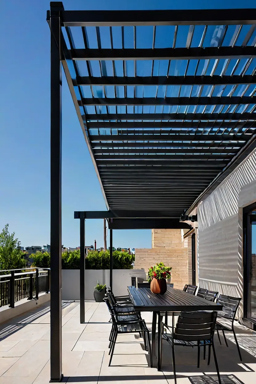 Statement Pergola with Slats Statement pergola with adjustable slats as key features in high-end terrace makeover ideas.