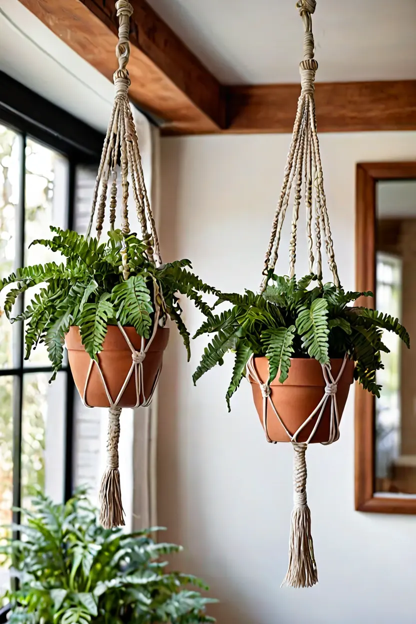 Suspended Macrame Plant Hangers Suspended macrame plant hangers used in bohemian terrace makeover ideas for hanging displays