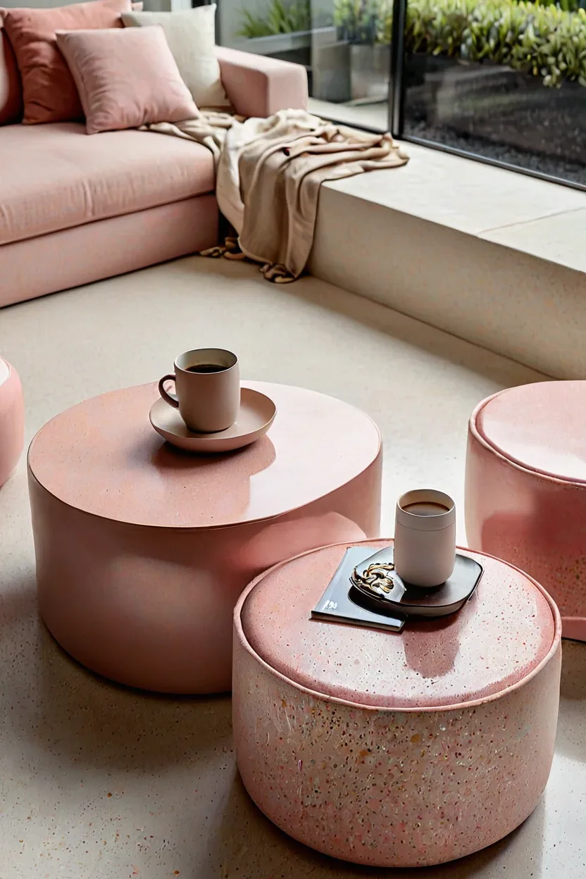 Terrazzo Coffee Table Centerpiece Stylish terrace makeover ideas highlighting a speckled terrazzo coffee table in a lounge area.