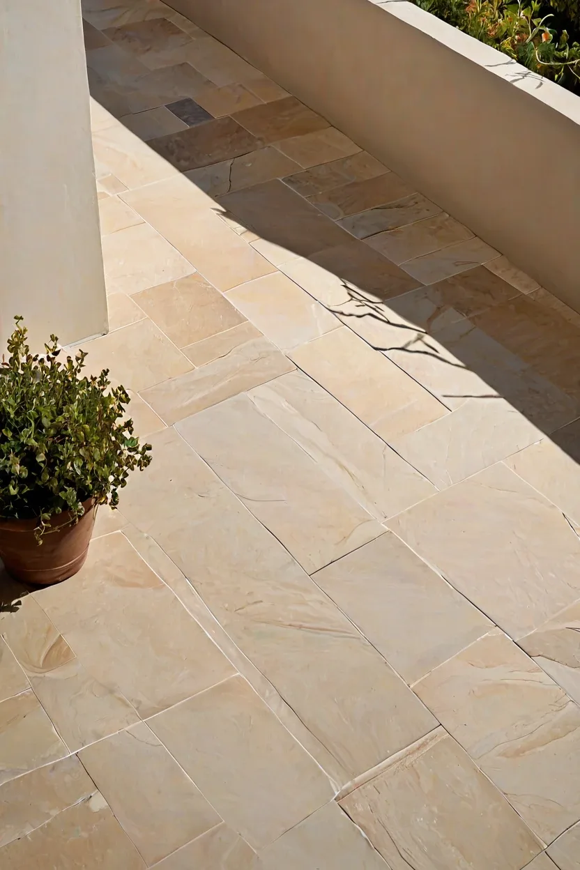 Weathered Stone Tile Flooring Weathered stone tile flooring installed during terrace makeover ideas for a rustic courtyard look