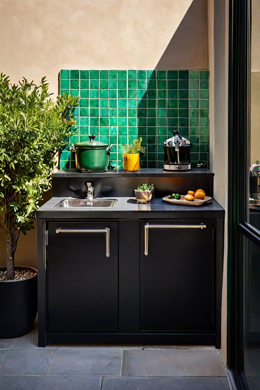 Zellige Tile Kitchenette Counter Outdoor terrace makeover ideas featuring a green zellige tile kitchenette counter in the sun.