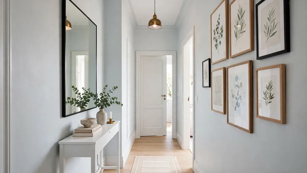 Charming narrow hallway with slim console table and large mirror – home decor idea
