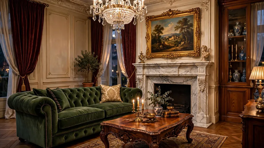 Elegant traditional living room with green velvet Chesterfield sofa and crystal chandelier – home decor idea
