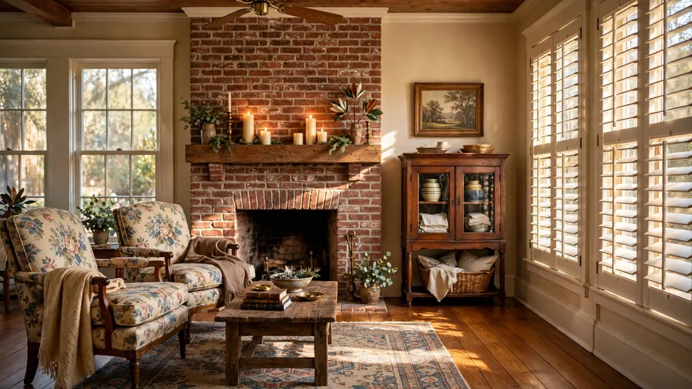 Warm traditional Southern living room with antique furniture, floral armchairs and brick fireplace – home decor idea