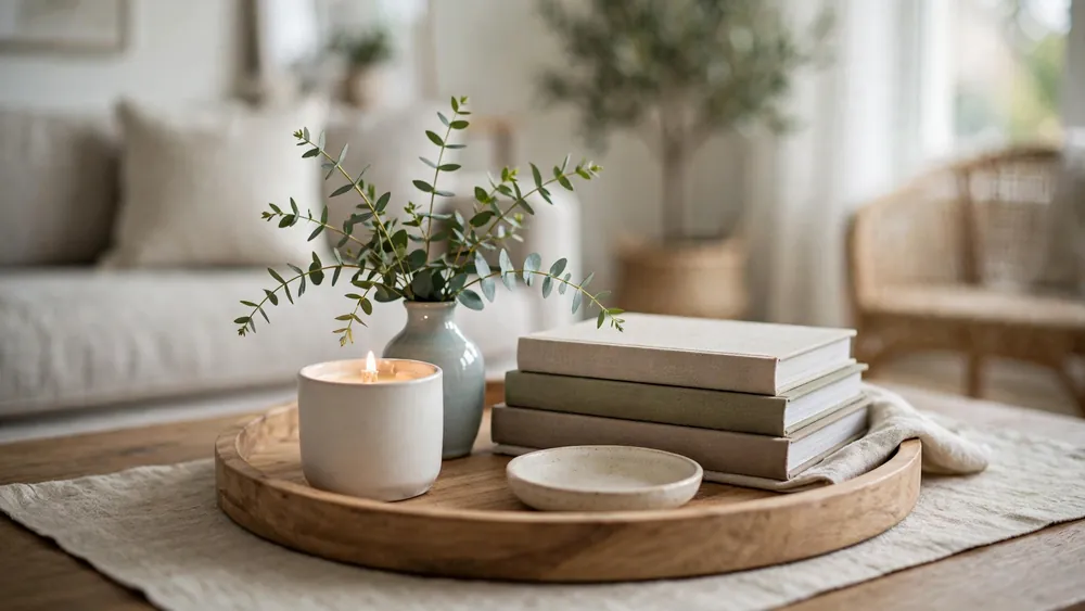 Elegant wooden tray styled with candle, eucalyptus and books on a coffee table – home decor idea
