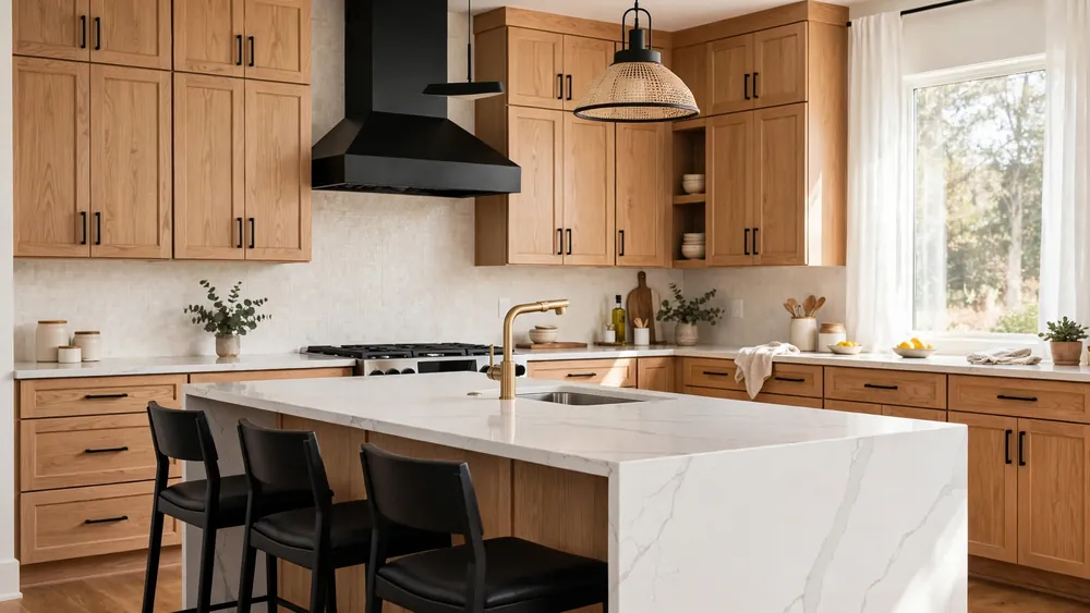 Trending kitchen with warm white oak cabinets, matte black hardware, black range hood and marble waterfall island – home decor idea