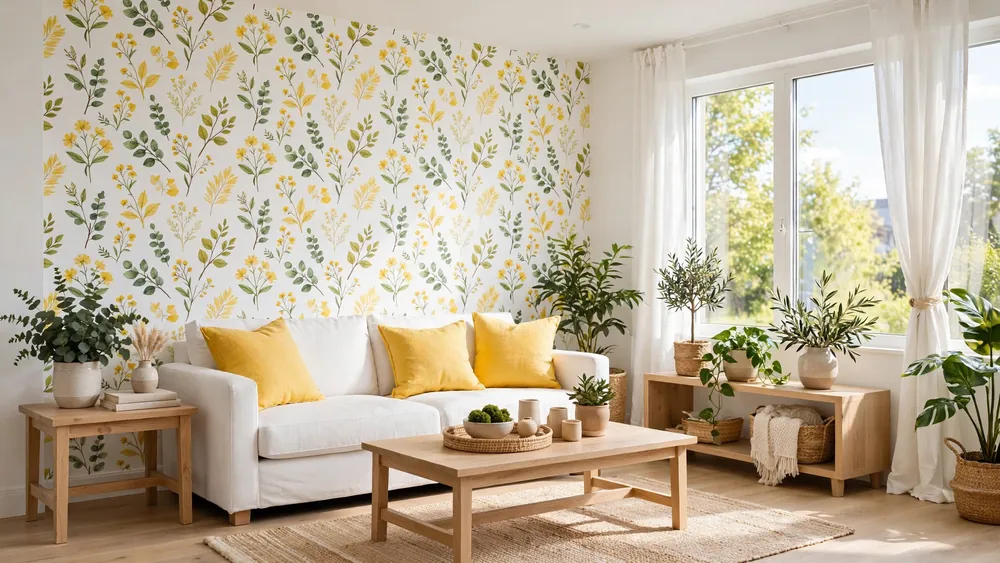 Uplifting living room with cheerful yellow botanical wallpaper, white sofa and sunny yellow cushions – home decor idea