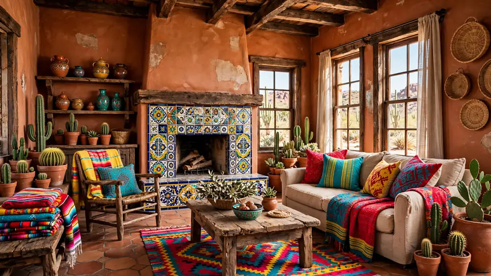Vibrant rustic Mexican living room with Talavera tile fireplace, colorful woven textiles, cacti and terracotta walls – home decor idea