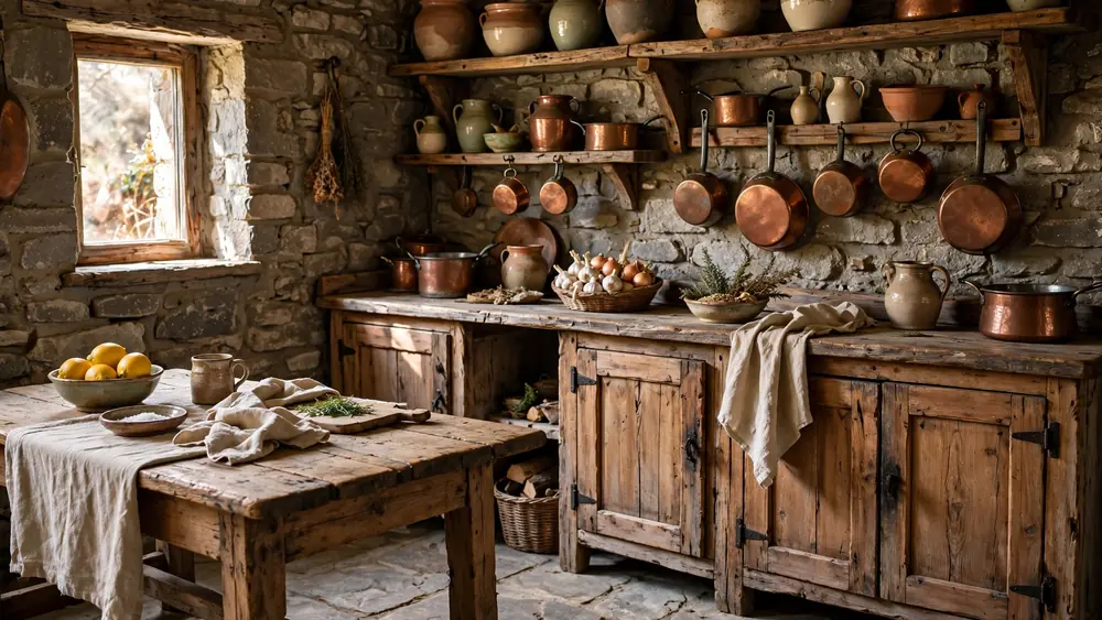 Rustic village kitchen with exposed stone walls, wooden cabinetry and copper pots on open shelves – home decor idea
