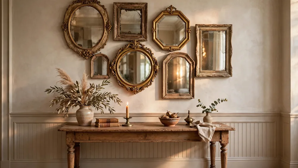 Living room wall with curated cluster of vintage mirrors above a console – home decor idea