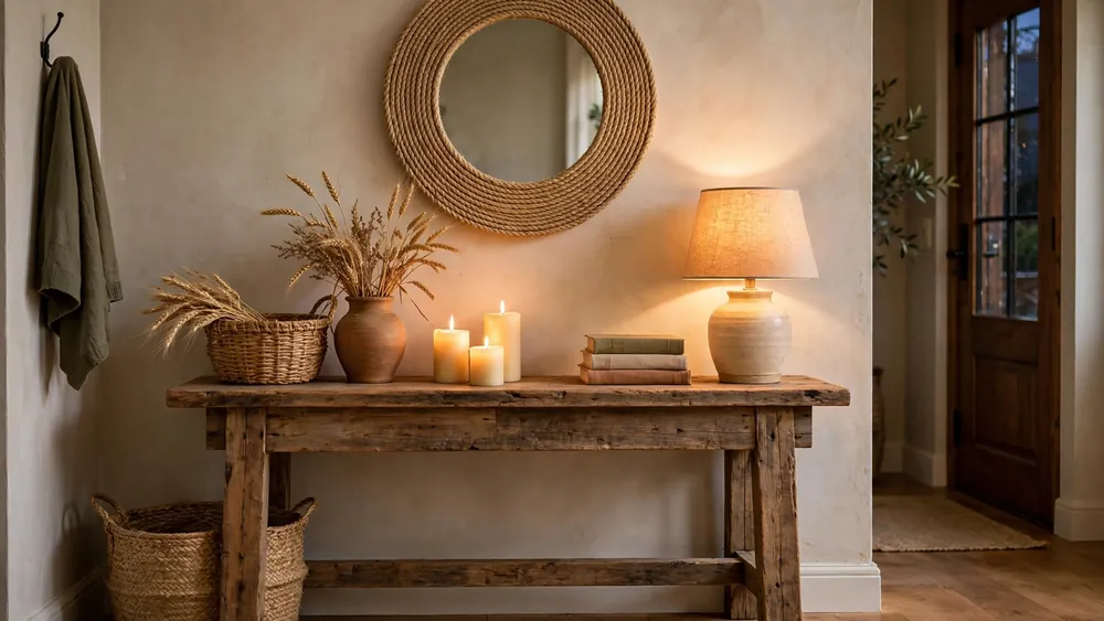 Warm cozy entryway with rustic wood console table, glowing candles, dried wheat and round jute mirror – home decor idea