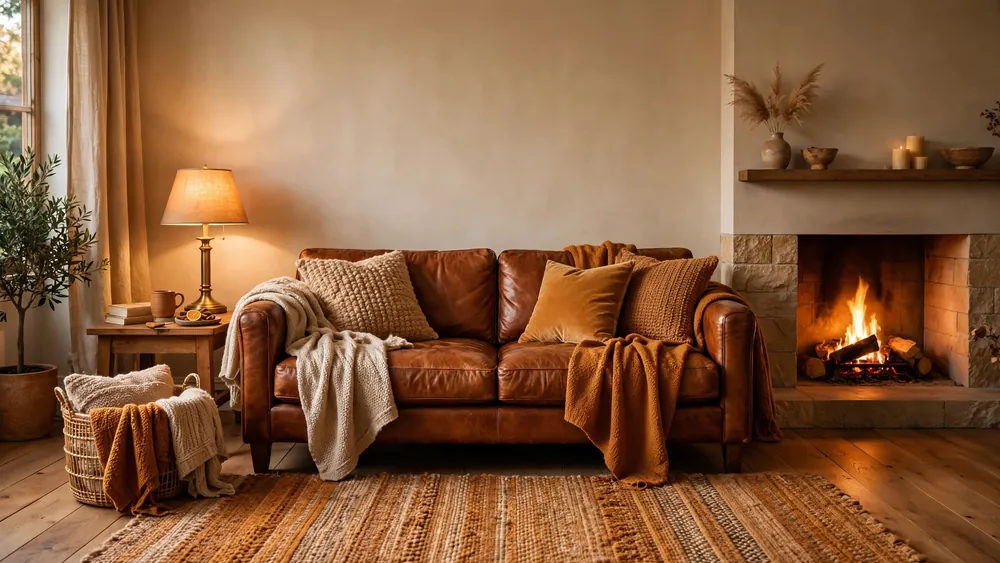 Warm cozy living room with cognac leather sofa, glowing fireplace and knit throws in caramel tones – home decor idea