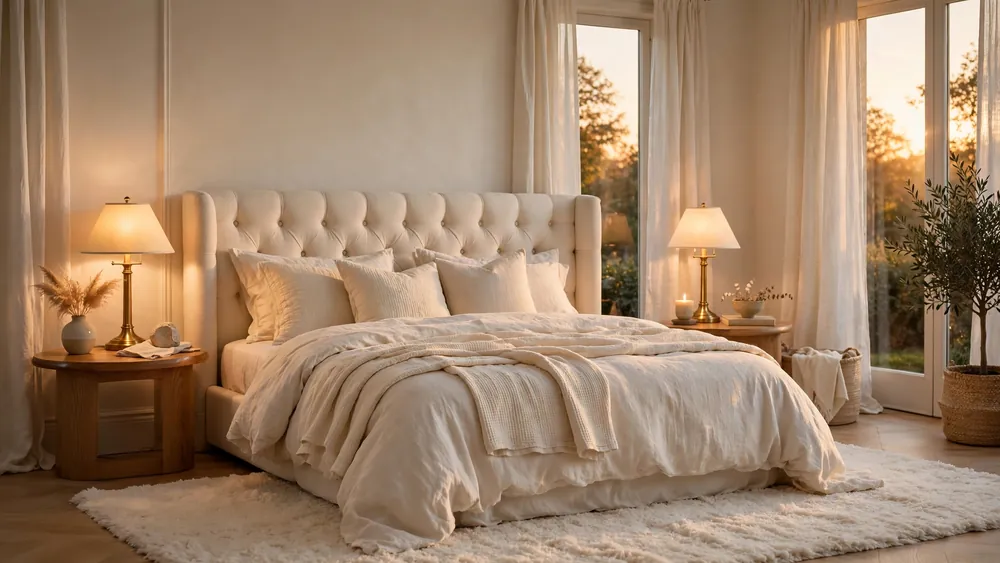 Cozy elegant warm white bedroom with tufted headboard, brass table lamps and golden evening light – home decor idea