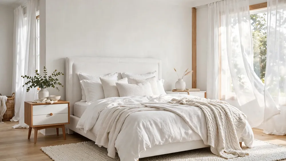 All-white bedroom with upholstered bed, layered white linens, textured throws and sheer glowing curtains – home decor idea