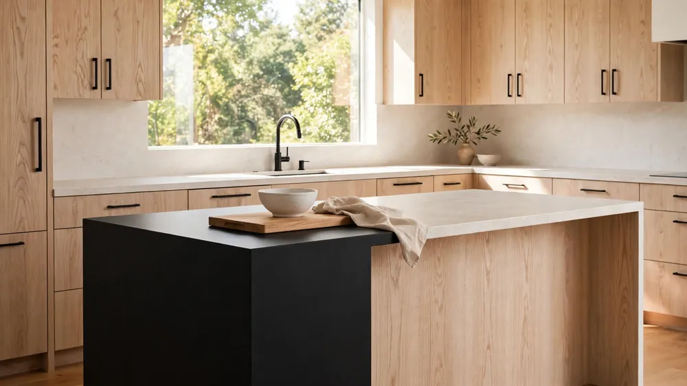 Modern kitchen with white oak cabinets, matte black hardware and black island – home decor idea
