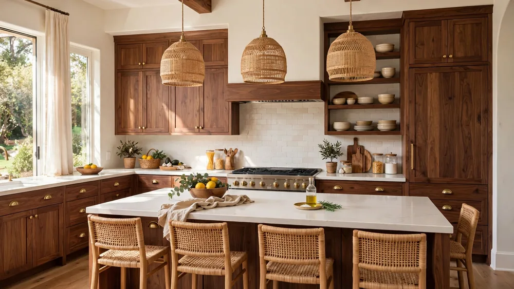Warm kitchen with natural walnut cabinets, brass hardware and woven pendant lights – home decor idea