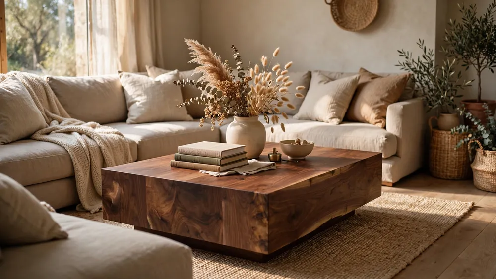 Cozy living room with a solid walnut coffee table and beige sectional sofa – home decor idea