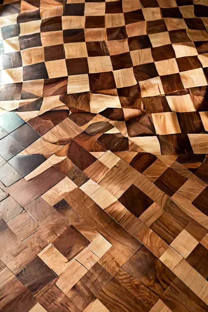 Checkerboard Inlaid Border Checkerboard inlaid border on hardwood floors highlighting unique wooden floor styling ideas for dining spaces