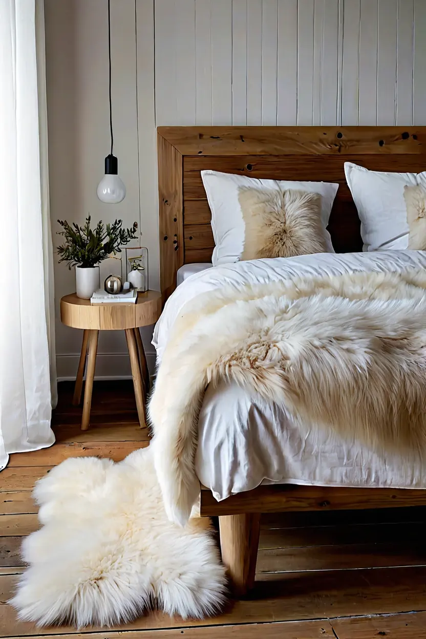 Cozy Bedroom Sheepskin Accents Cozy bedroom demonstrating soft wooden floor styling ideas.