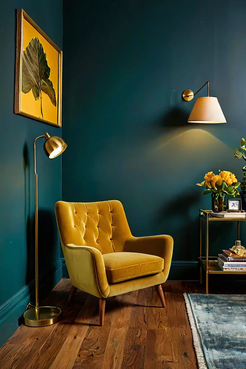 Deep Teal Walls and Honey Oak Moody room interior featuring colorful wooden floor styling ideas.