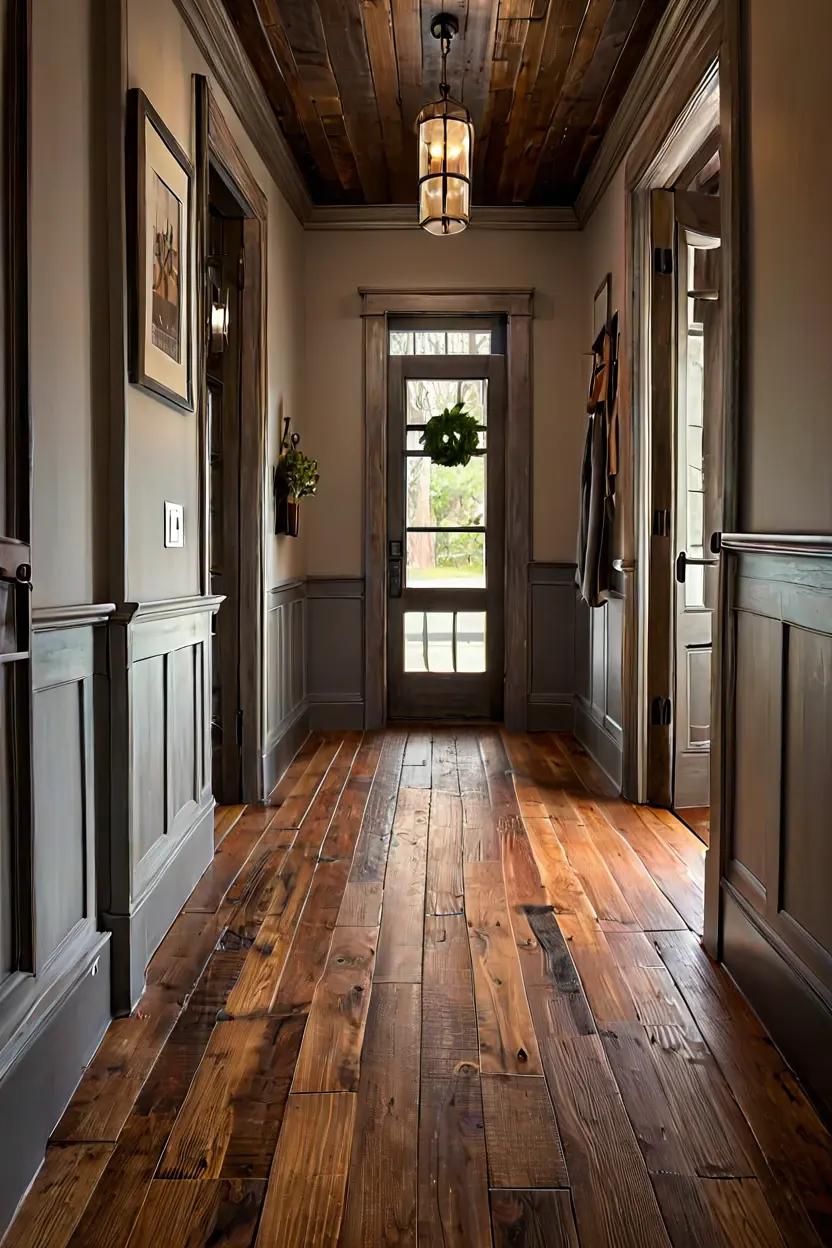 Distressed Hickory Warmth Hand-scraped hickory planks displaying rustic charm in practical wooden floor styling ideas for hallways