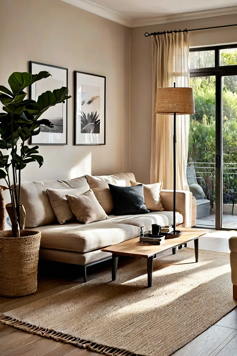 Layered Jute Rugs Cozy living room featuring natural wooden floor styling ideas with a layered jute rug.