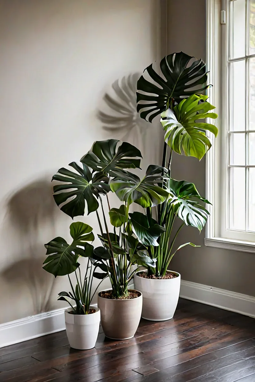 Lush Greenery on Dark Walnut Botanical corner highlighting dark wooden floor styling ideas with house plants.