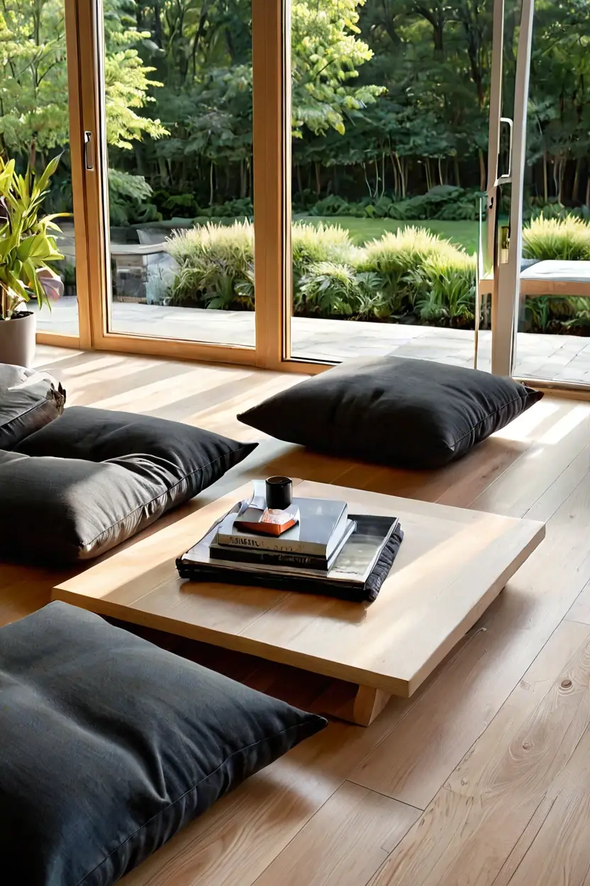 Minimalist Floor Cushions Minimalist open-plan space featuring clean wooden floor styling ideas.
