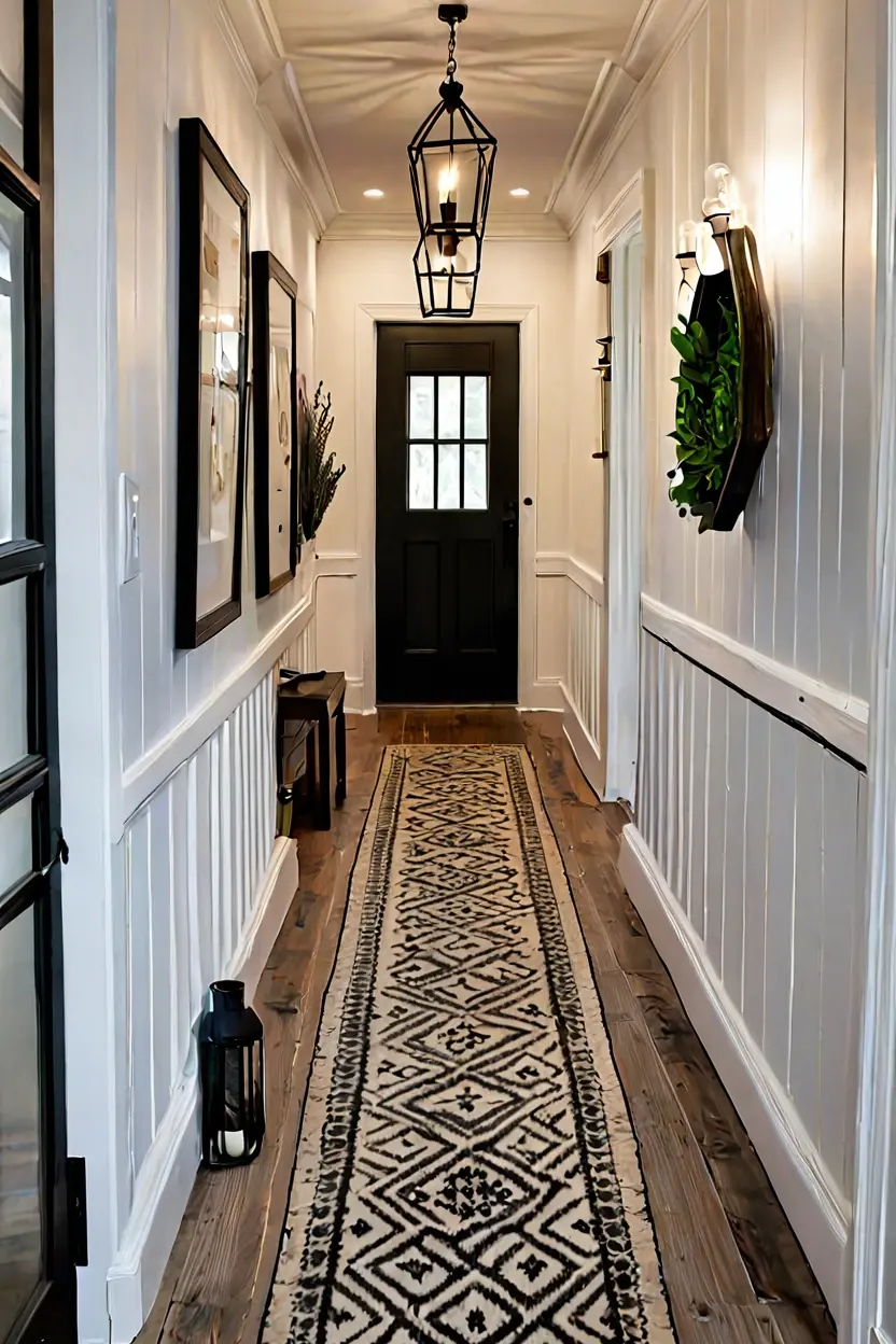 Monochrome Contrast Runners Narrow hallway showcasing practical wooden floor styling ideas with a bold runner.