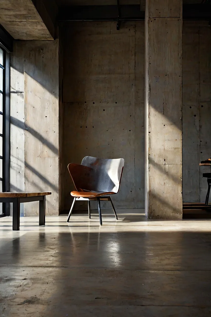 Raw Concrete and Timber Industrial loft interior demonstrating rustic wooden floor styling ideas.