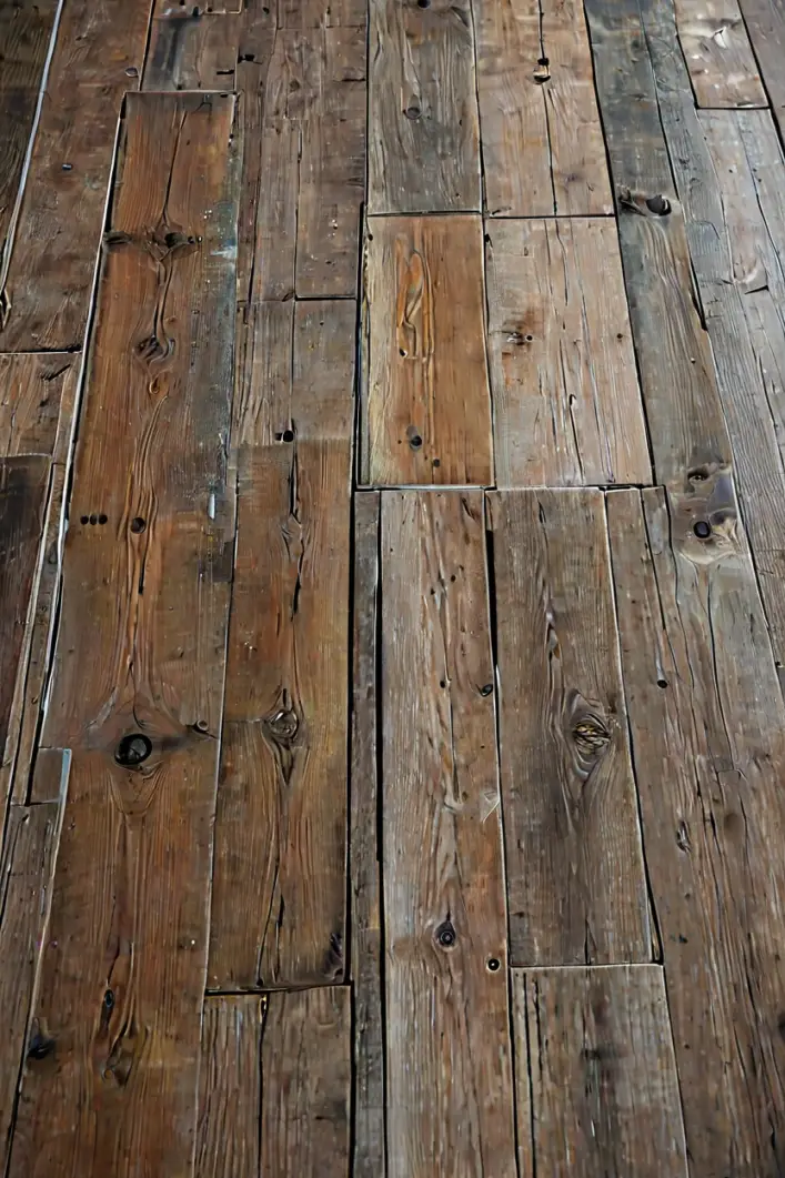 Recycled Scaffold Board Deck Reclaimed scaffold boards used as a rustic focal point in sustainable wooden floor styling ideas