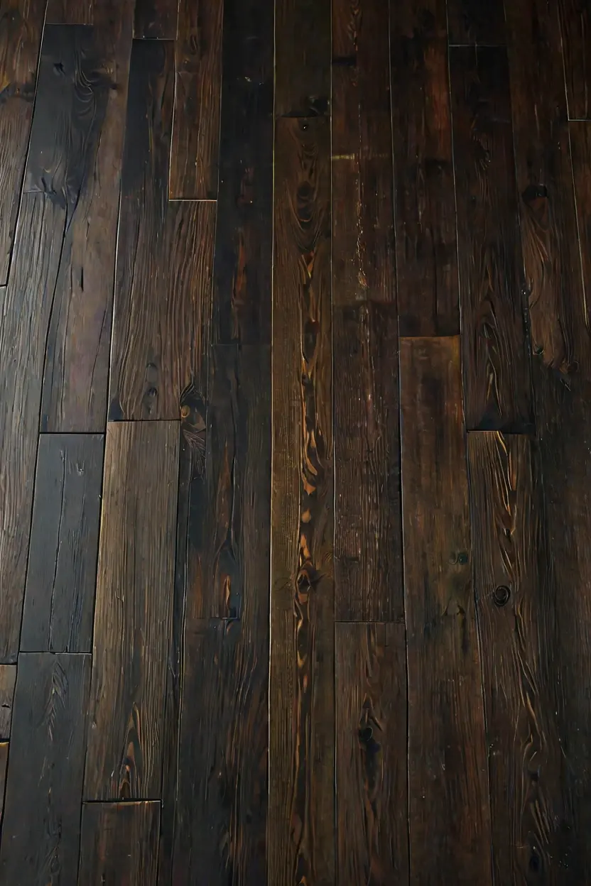 Smoked Pine and Brass Smoked pine planks paired with brass strips for modern industrial wooden floor styling ideas