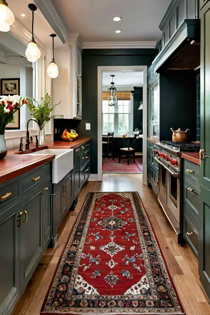 Vintage Runner in the Kitchen Kitchen interior displaying creative wooden floor styling ideas with a vintage rug.