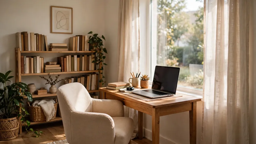 Cozy work-from-home desk setup by a bright window with laptop and plant – home decor idea